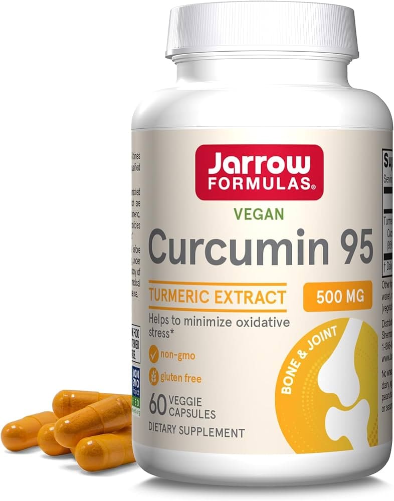 Curcumin 95 Supplement by Jarrow Foods, Showcasing a Vibrant Yellow-Orange Powder in a Clear Jar.